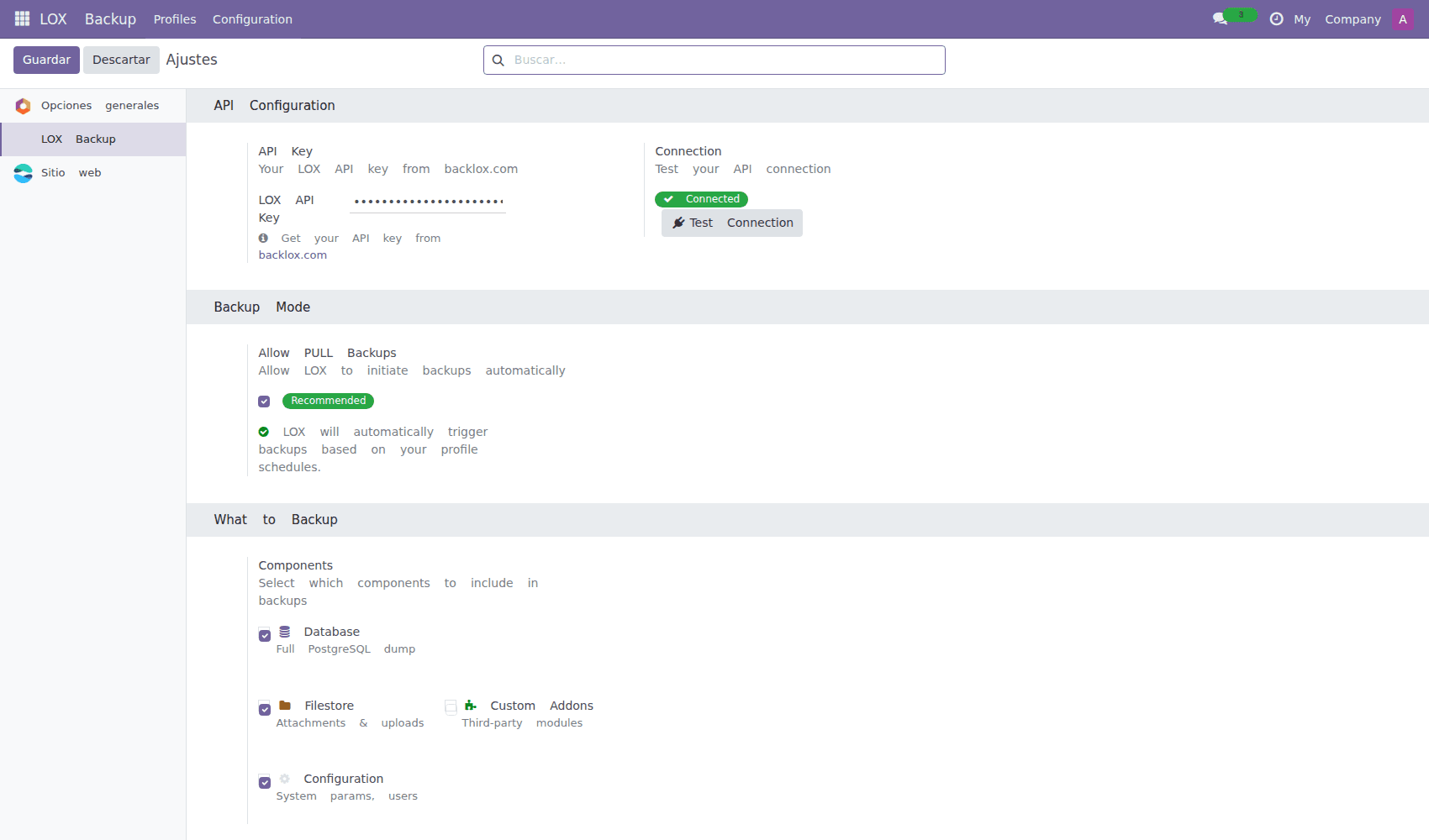 LOX Backup Odoo Settings