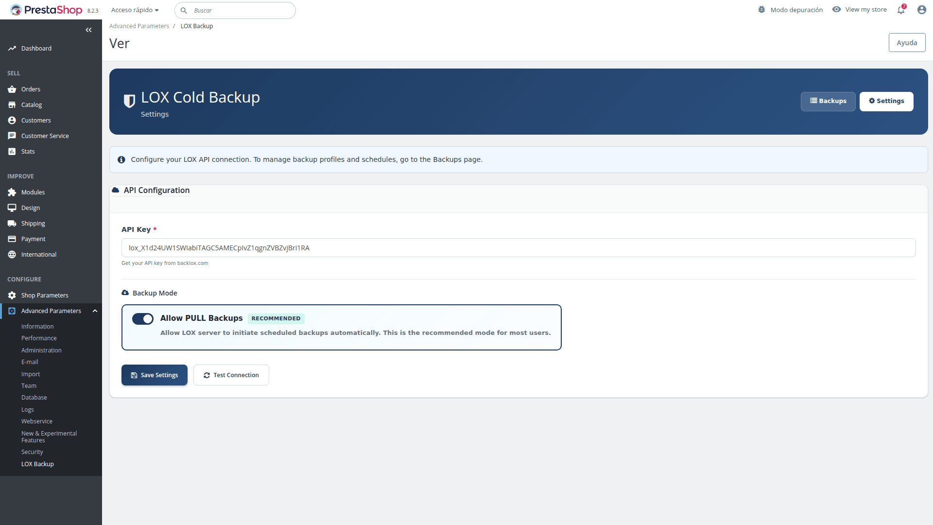 LOX Backup PrestaShop Settings