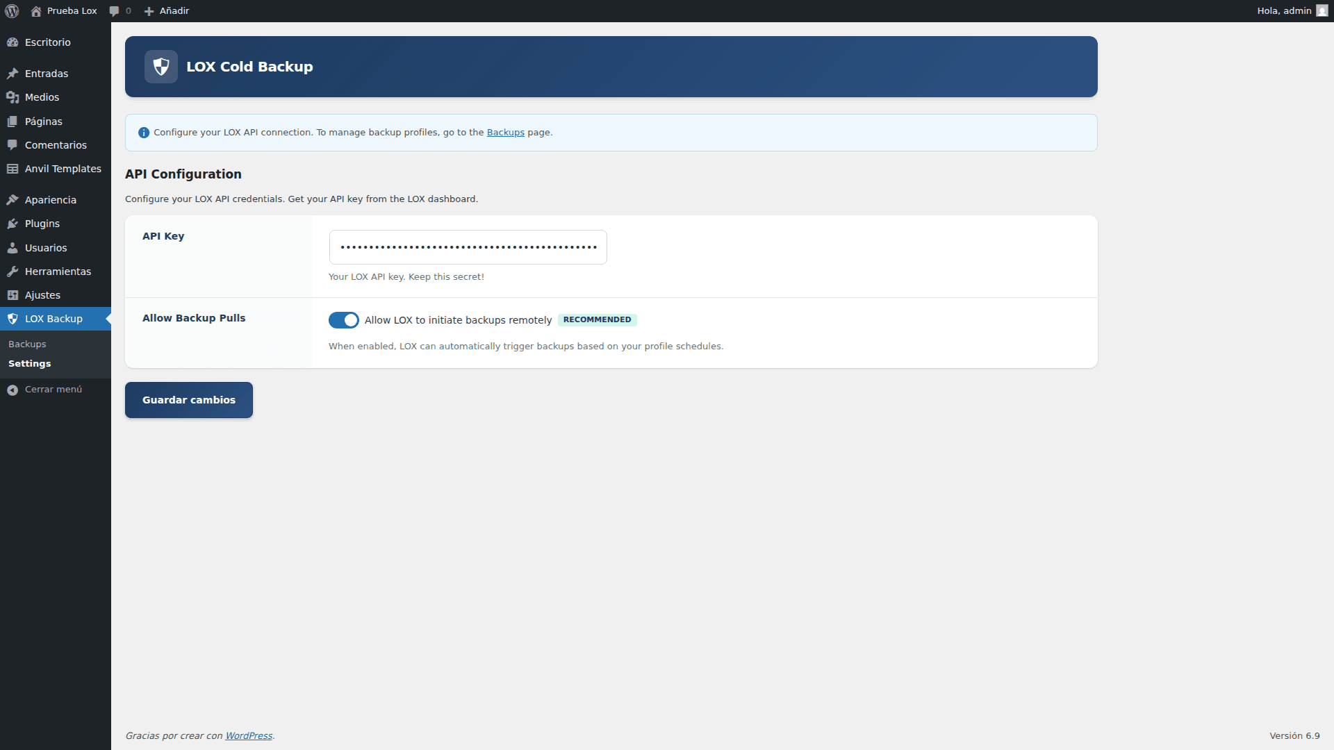 LOX Backup WordPress Settings